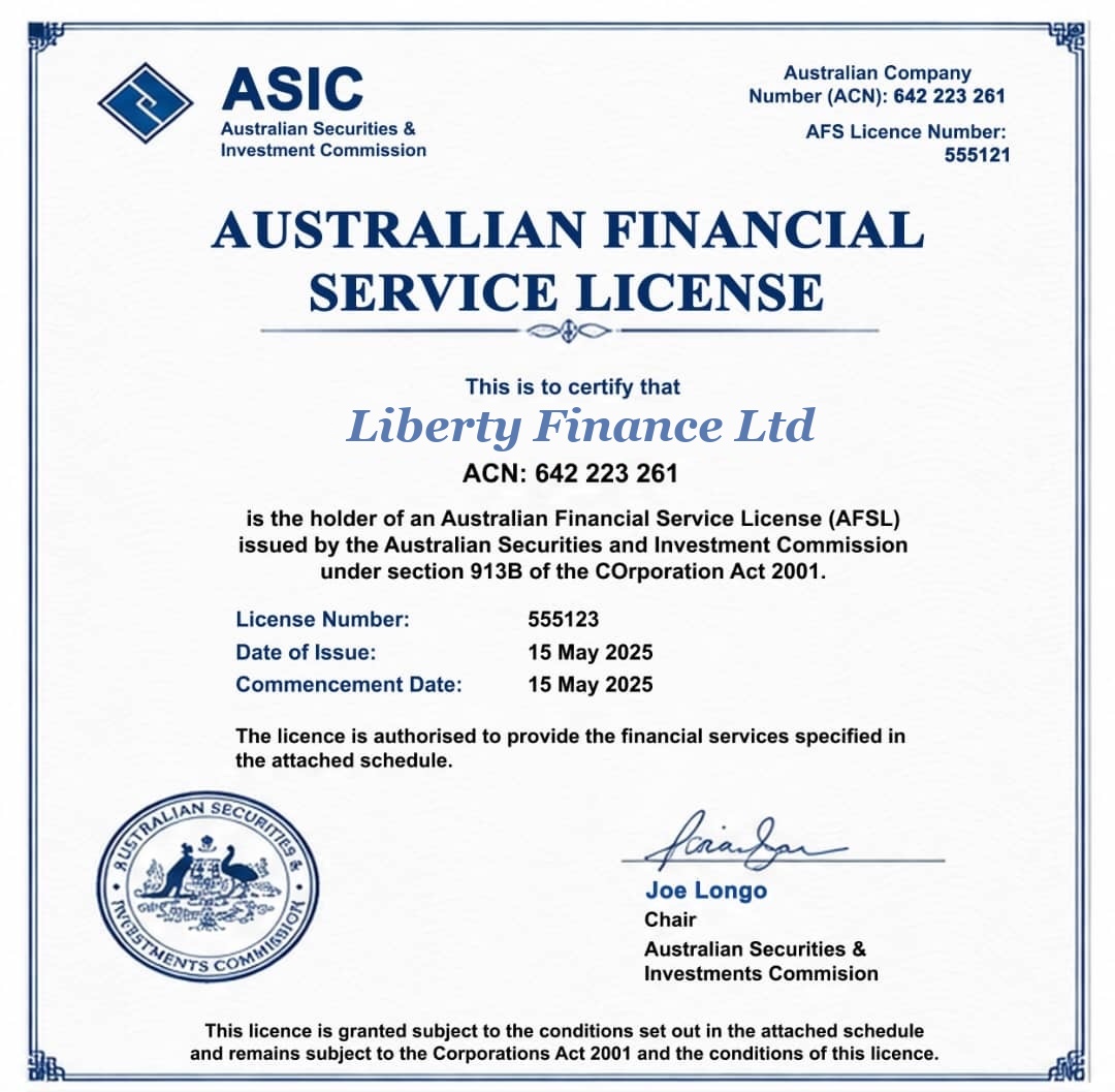 Australian Financial Services License certificate awarded to Liberty Finance by the Australian Securities and Investments Commission (ASIC)