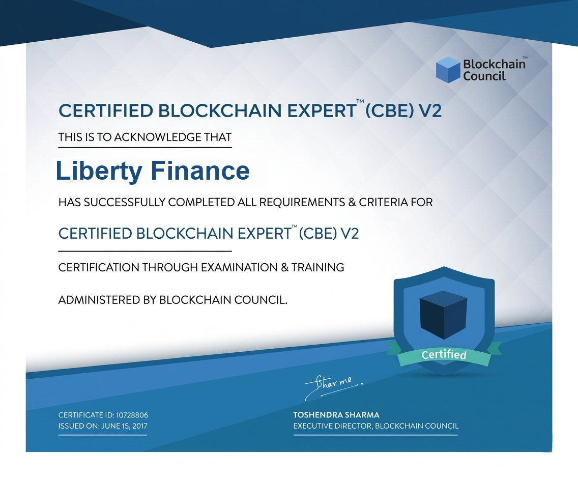 Certified Blockchain Expert (CBE) V2 certificate awarded to Liberty Finance by the Blockchain Council