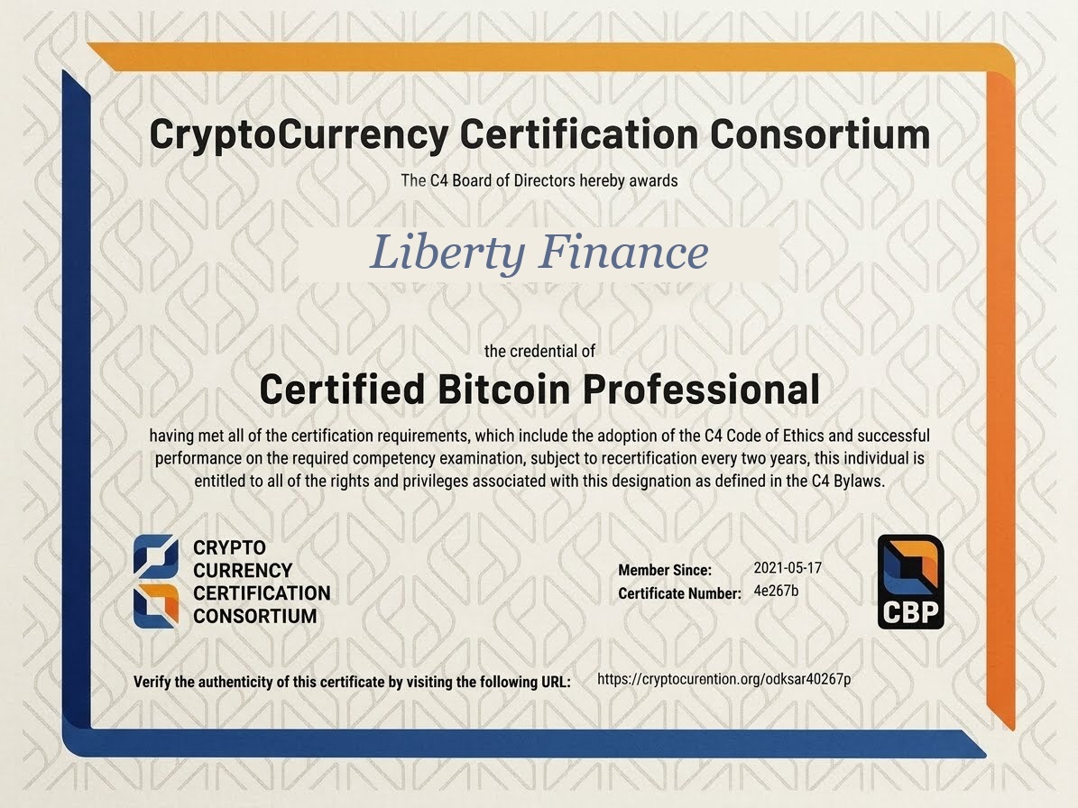 Certified Bitcoin Professional certificate awarded to Liberty Finance by the CryptoCurrency Certification Consortium