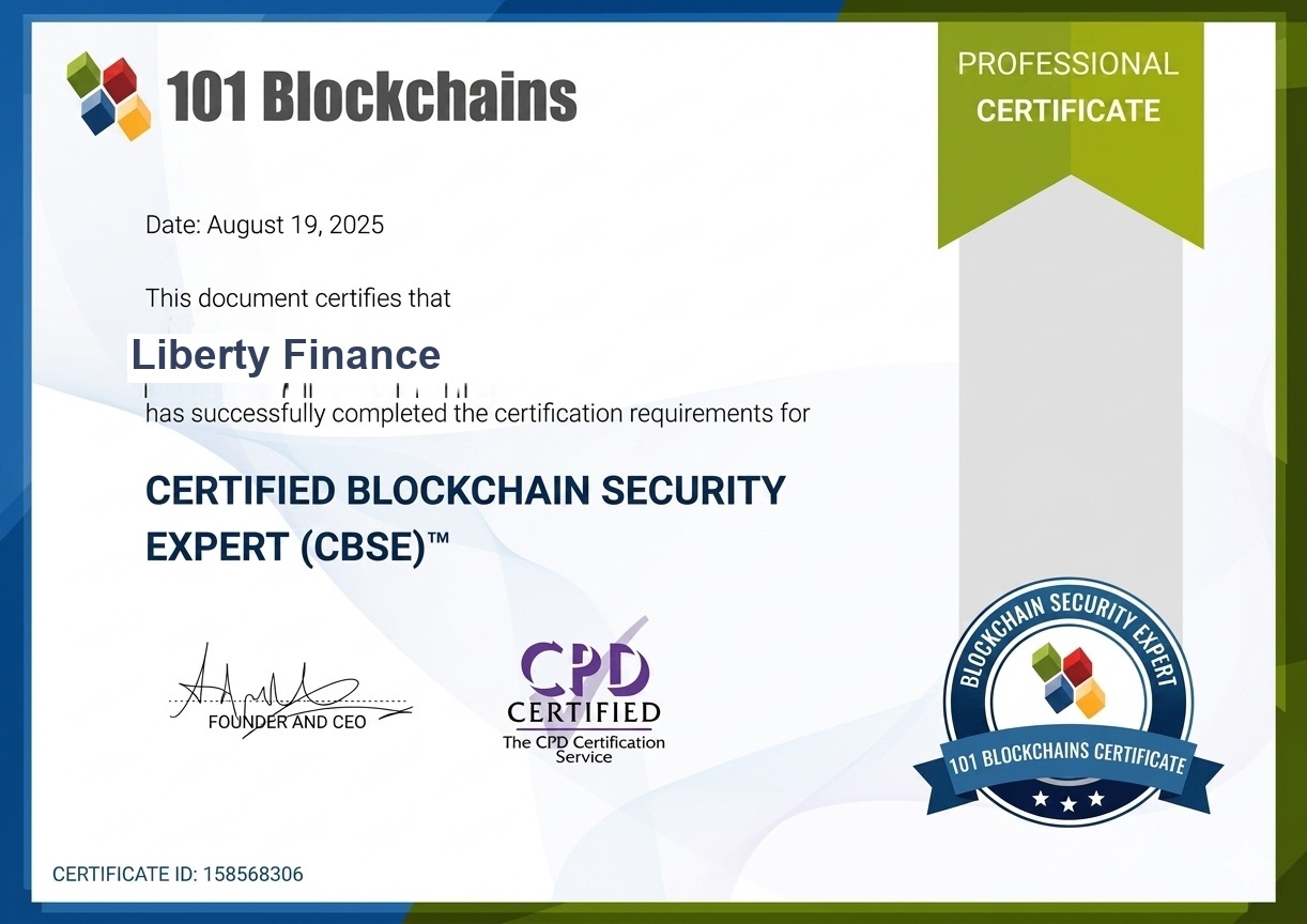 Certified Blockchain Security Expert (CBSE) certificate awarded to Liberty Finance by 101 Blockchains