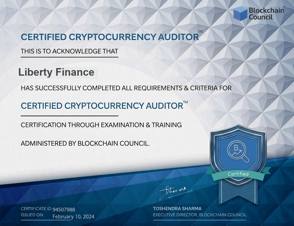 Certified Cryptocurrency Auditor certificate awarded to Liberty Finance by Blockchain Council