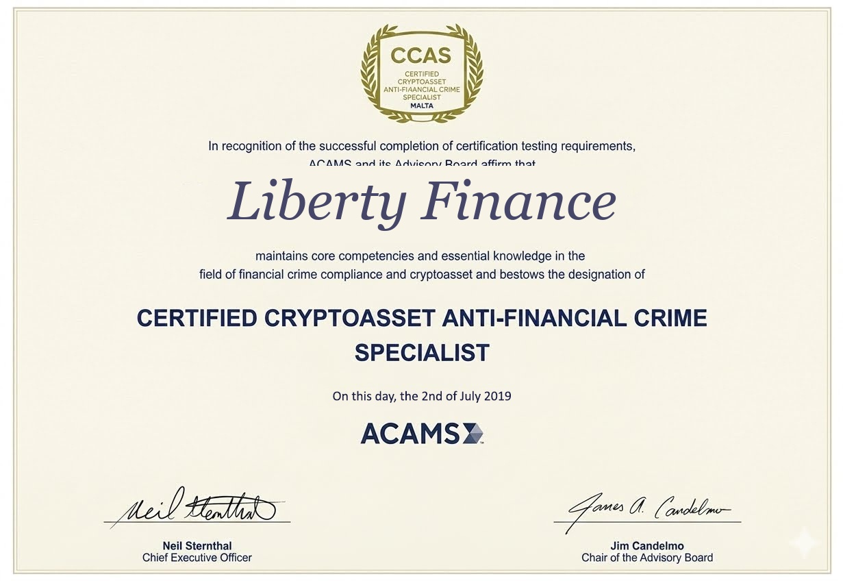 Certified Cryptoasset Anti-Financial Crime Specialist certificate awarded to Liberty Finance by ACAMS