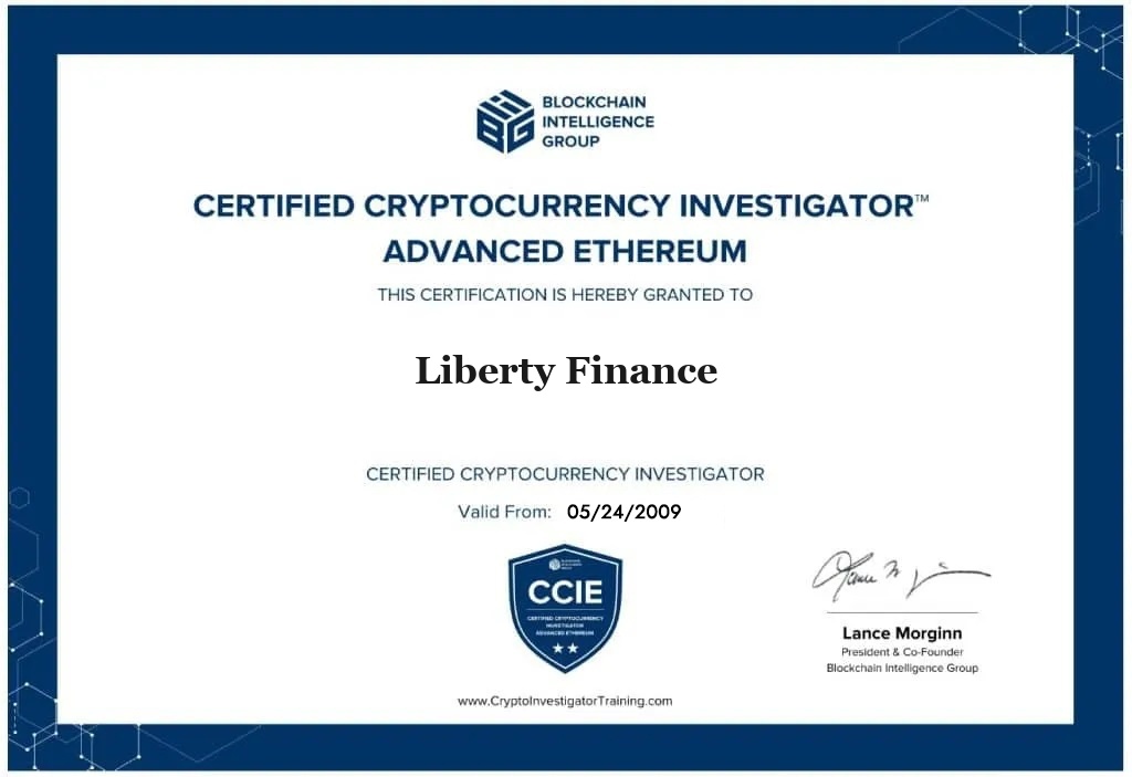 Certified Cryptocurrency Investigator – Advanced Ethereum (CCIE) certificate awarded to Liberty Finance by Blockchain Intelligence Group