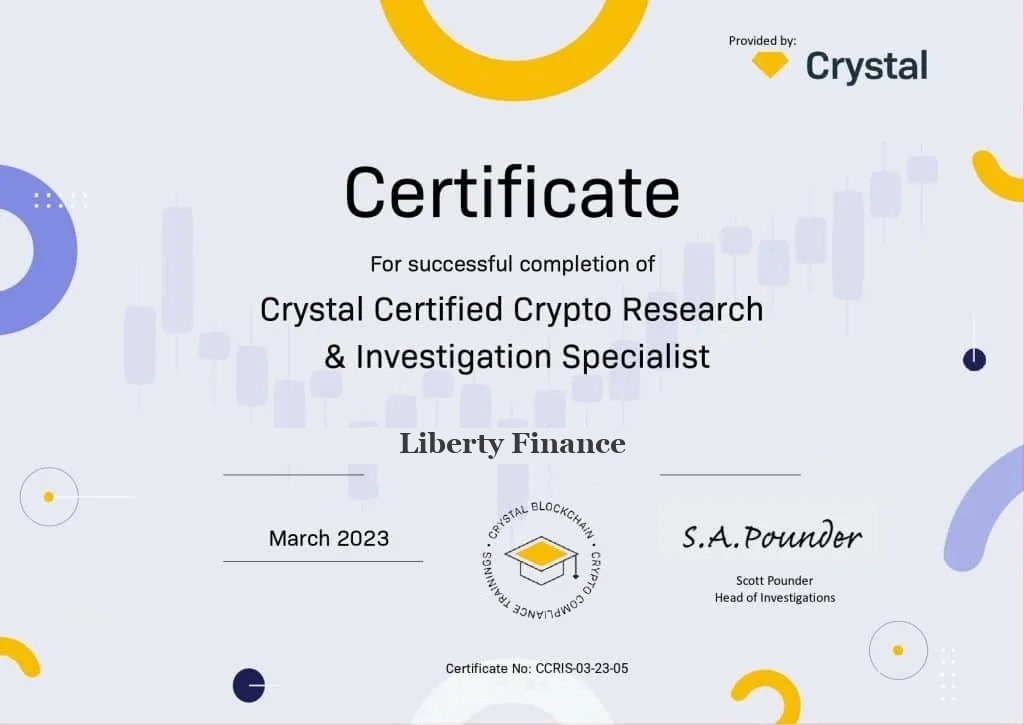 Crystal Certified Crypto Research & Investigation Specialist certificate awarded to Liberty Finance
