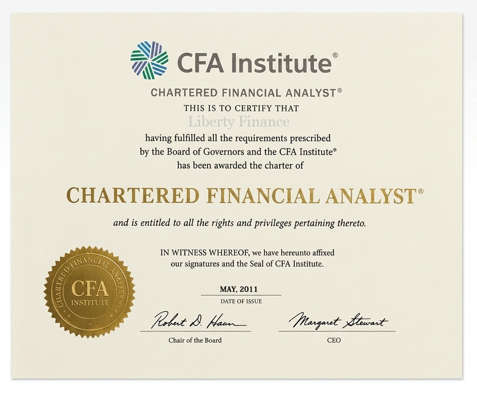 Chartered Financial Analyst certificate awarded to Liberty Finance by CFA Institute