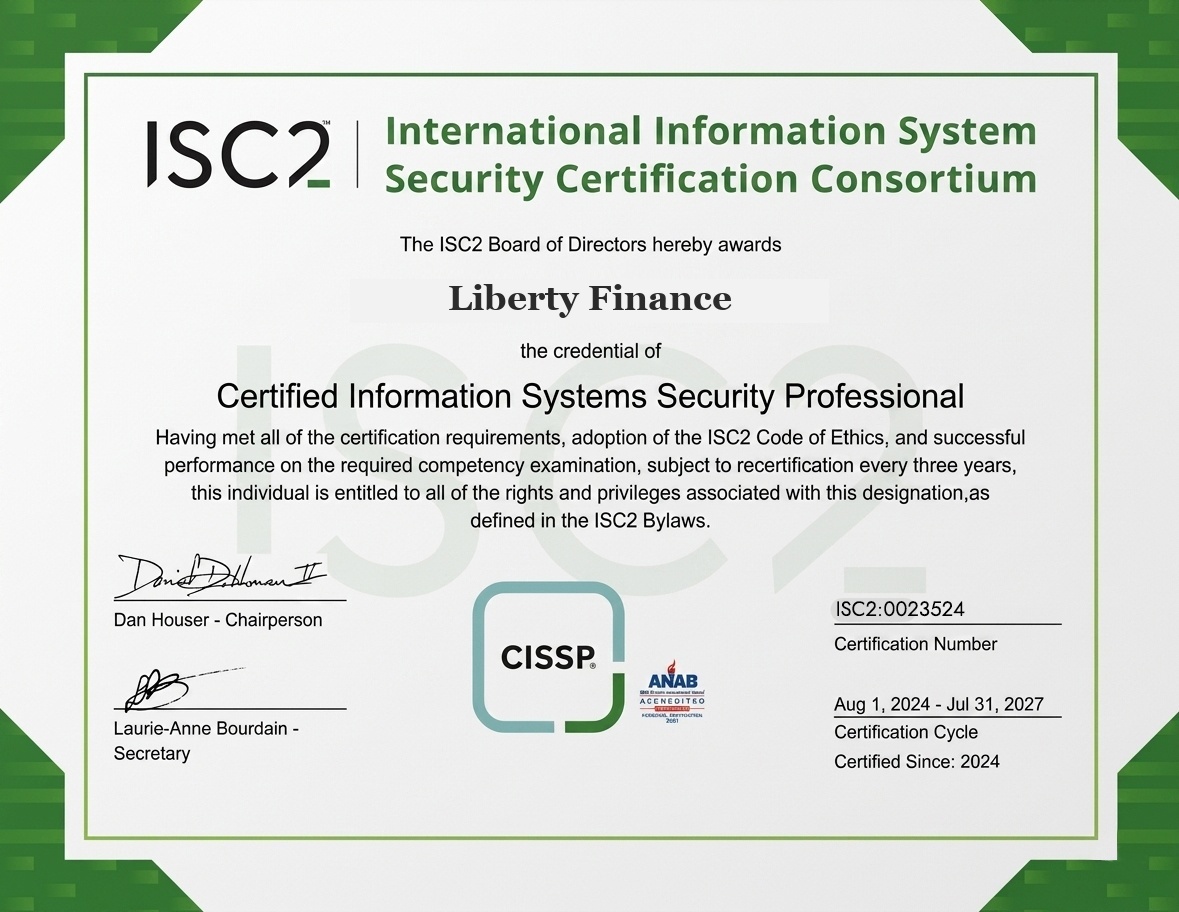 Certified Information Systems Security Professional certificate awarded to Liberty Finance by ISC2