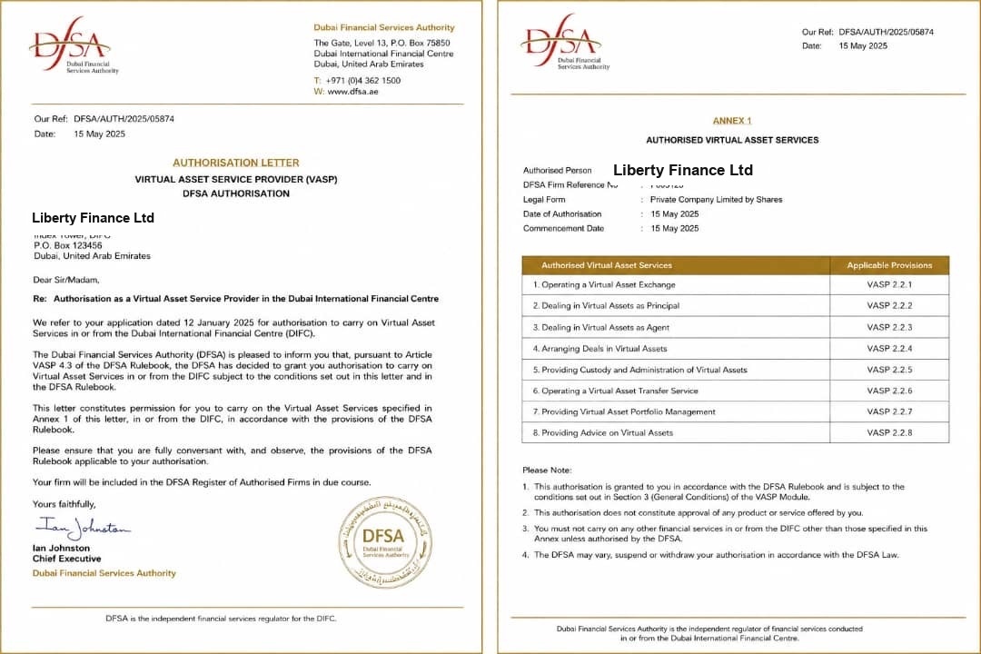 Dubai Financial Services Authority (DFSA) Virtual Asset Service Provider authorisation letter awarded to Liberty Finance