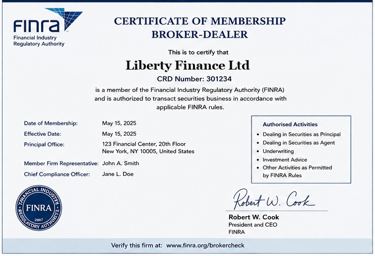 FINRA Certificate of Membership as a Broker-Dealer awarded to Liberty Finance by the Financial Industry Regulatory Authority