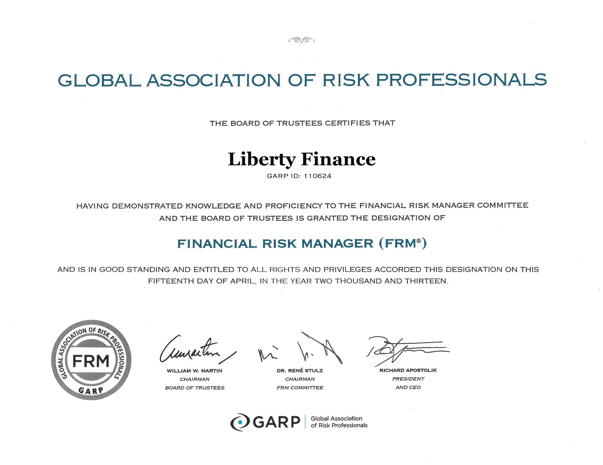 Financial Risk Manager certificate awarded to Liberty Finance by GARP