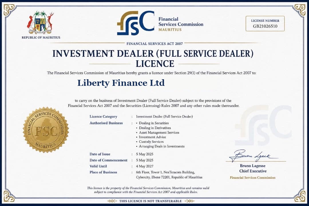 Investment Dealer (Full Service Dealer) Licence awarded to Liberty Finance by the Financial Services Commission, Mauritius