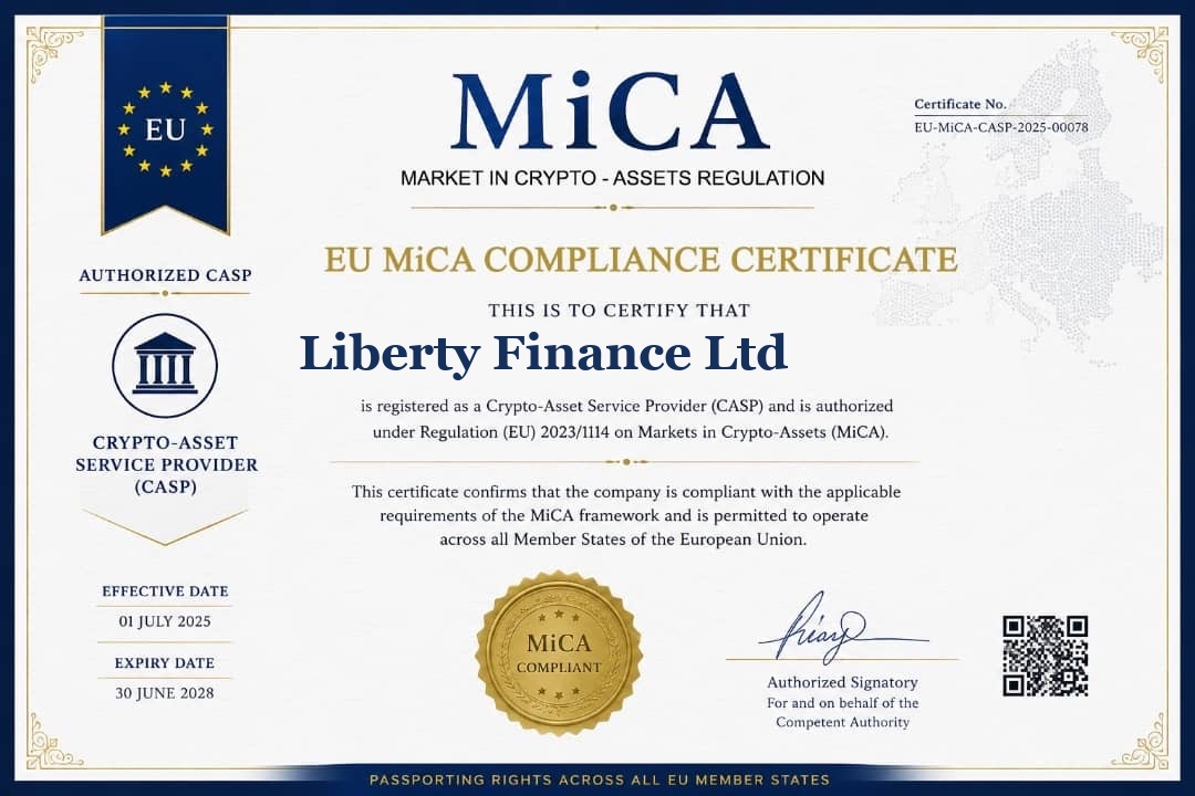 EU Markets in Crypto-Assets (MiCA) Compliance Certificate awarded to Liberty Finance as an authorized Crypto-Asset Service Provider